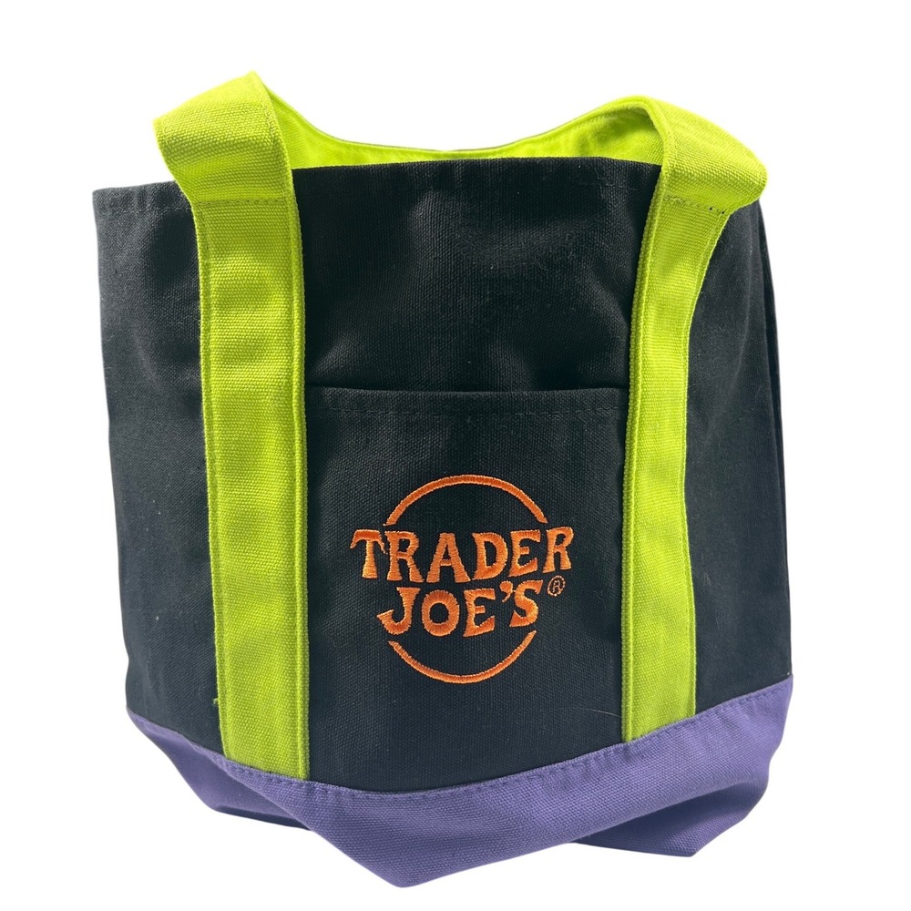 Trader Joe's Mini Canvas Halloween Tote Bag Black Purple Embroidered Logo EUC
